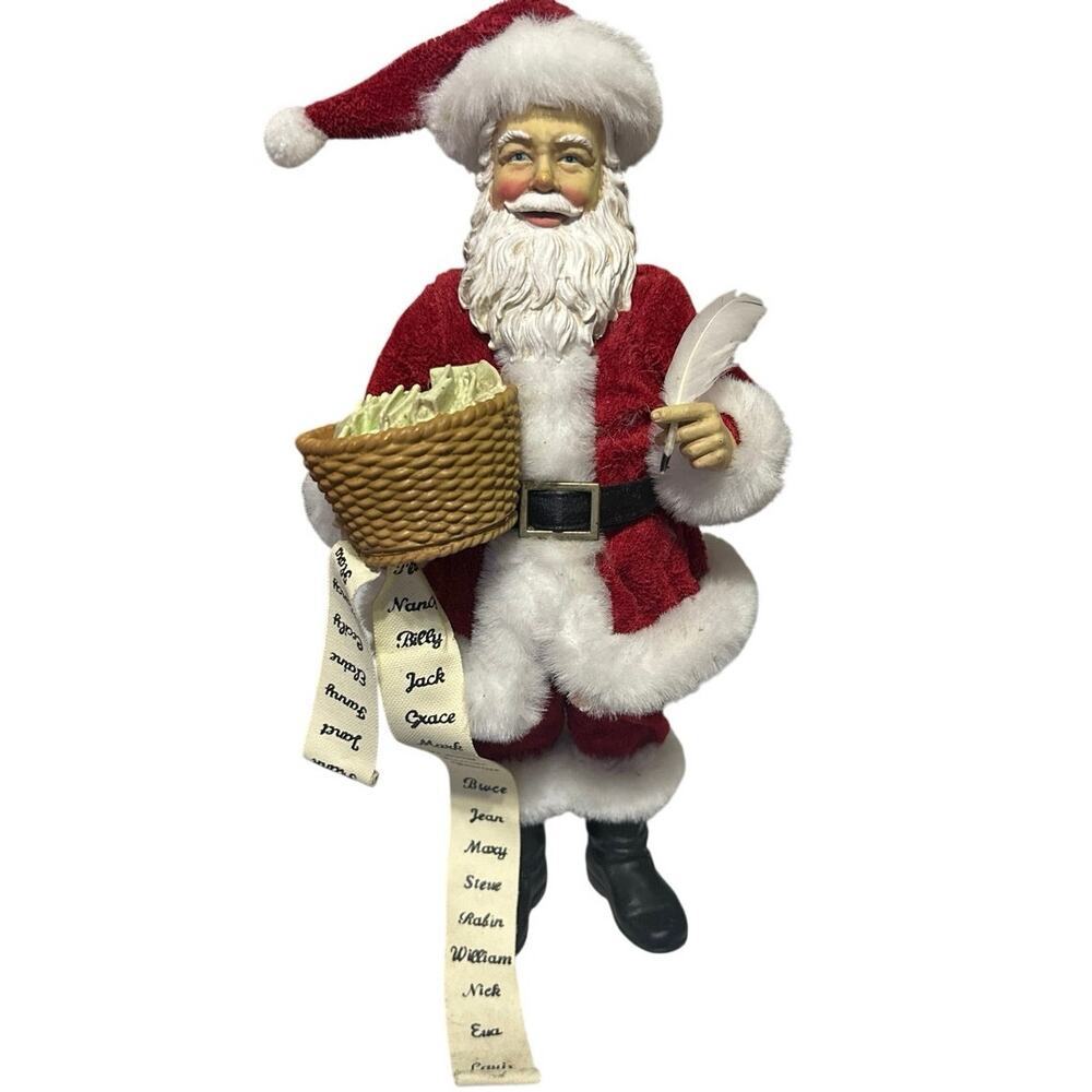 Santa Figurine Holding a Basket of Letters Quill & Nice List &checking it twice